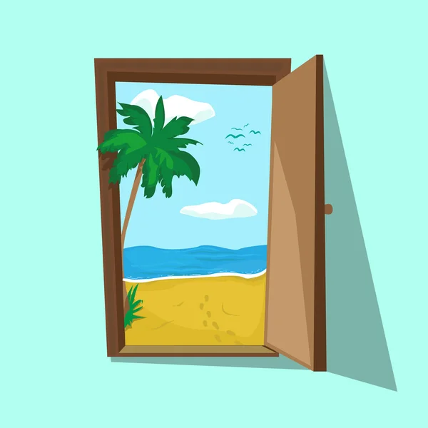 Conceito ilustração turística da praia dentro da porta. Mar, oceano, praia e palma. A motivar o cartaz de viagem. Sonho fim de semana . —  Vetores de Stock