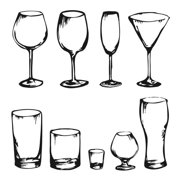 Ensemble de verres à alcool dessinés à la main. Drink coctails collection croquis . — Image vectorielle