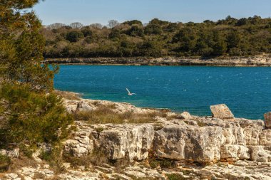 Spring landscape at Cape Kamenjak Croatia with turquoise water and small boats in sunlight