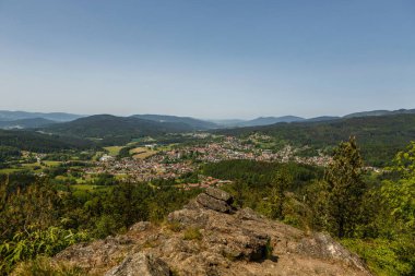Bavyera Ormanı 'nın geniş bir manzarası var. Bir köy, yeşil tarlalar ve açık mavi gökyüzünün altındaki ağaçlık tepeler..