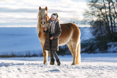 Karlı kış manzarasında Haflinger atıyla yürüyen genç bir kadın, insan ve hayvan arasında nazik bir bağ.
