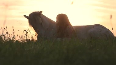 Duygusal gündoğumu sahnesi, açık renk elbiseli sarışın bir kadının beyaz İzlandalı bir atın yanında sakince çimlerin üzerinde oturduğunu gösteriyor. Nazik bir dokunuş, insan ve hayvan arasındaki güven, bağlantı ve uyumu ifade eder..