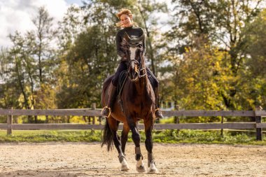 Kadınlar terzilik yapıyor, açık havada körfez sıcacık atlarıyla, İngiliz binicilik stili sonbahar güneşinde..