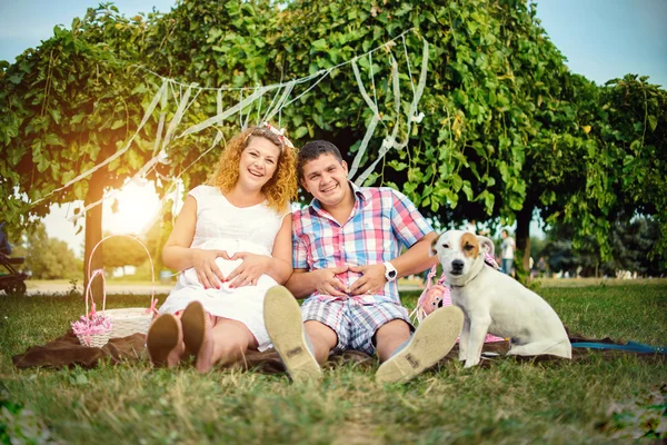 Glückliches und fröhliches Paar mit Hund im Park. die Frau ist schwanger. Straffung — Stockfoto