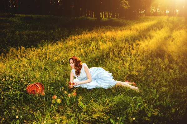 Молода дівчина в блакитній сукні м'яко в чарівному лісі з кошиком яблук. — стокове фото