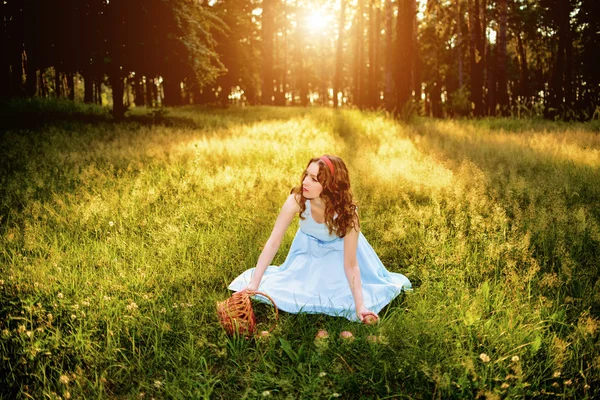 Menina em um vestido azul suavemente na floresta mágica com uma cesta de maçãs. Tonificação — Fotografia de Stock