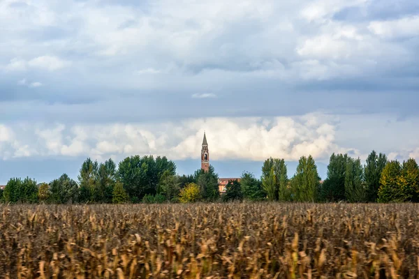 The old tower with a bell at the end of the field against the backdrop of thick clouds. A small movement effect in the bottom part of the frame. Italy — Stock Photo, Image