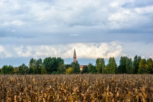 A torre velha com um sino no fim do campo contra o pano de fundo de nuvens grossas. Um pequeno efeito de movimento na parte inferior do quadro. Itália — Fotografia de Stock