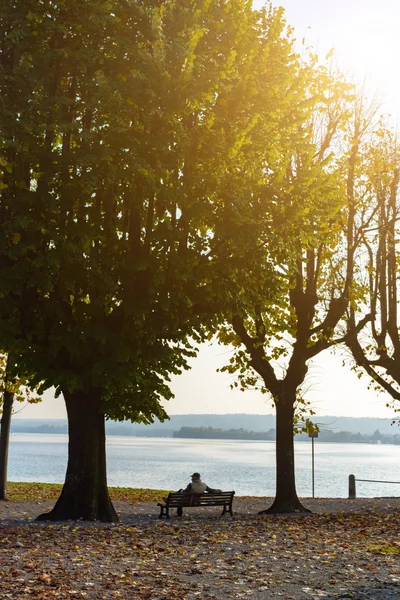 Hombre solitario sentado entre dos árboles en un banco y mirando al lago.Italia, Arona.Toning — Foto de Stock