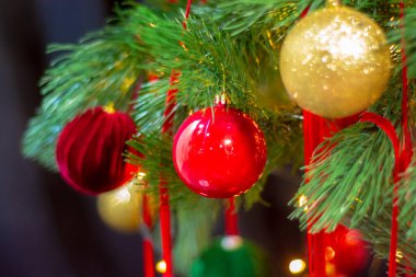 Yeni yıl dekoru. Kırmızı topları olan yeşil Noel ağacı