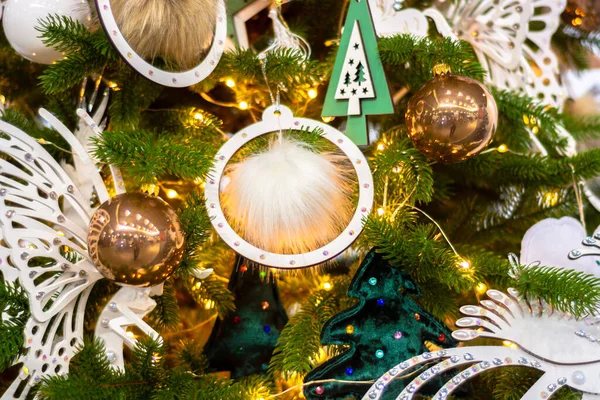 Fluffy Christmas Decorations Hanging Tree — Stock Photo, Image