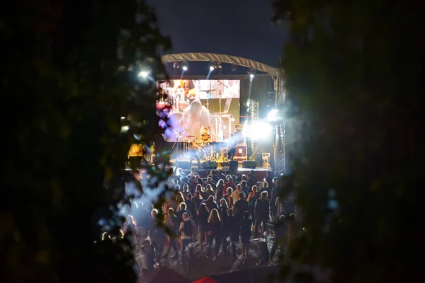 夜のコンサートでステージに立つ人たち — ストック写真