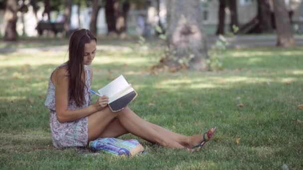 Mujer joven escribe en su diario en el parque — Vídeo de stock