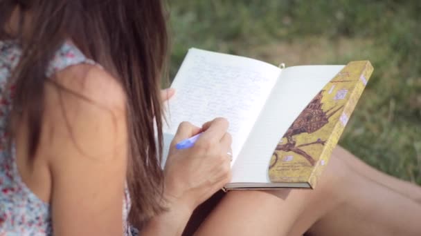 Young woman writes in her diary in the park — Stock Video