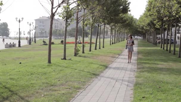 Mujer joven con un libro caminando en el parque . — Vídeo de stock