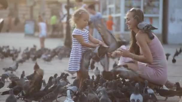 Moeder en kleine meisje in een park duiven voederen. — Stockvideo