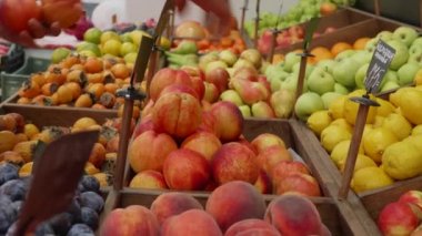 Market işçisinin yakın çekim elleri raflarda organik meyveler düzenliyor..