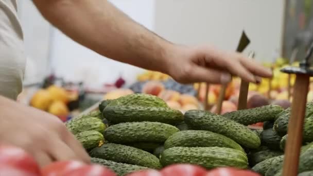 Detailní záběr rukou pracovníků v obchodě s potravinami aranžuje okurky na regálech skladu — Stock video