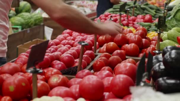 Detailní záběr rukou pracovníků v obchodě s potravinami aranžuje zeleninu na regálech skladu — Stock video