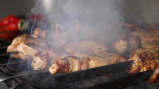 고기 요리에 숯 위에 스키머를 얹고 느린 동작으로 클로즈업합니다. — 비디오