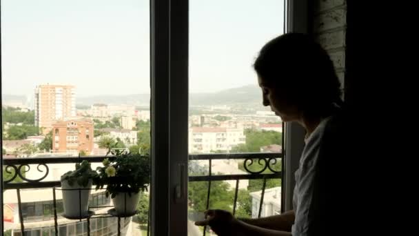 Silueta de mujer joven está limpiando la ventana de la puerta al balcón. — Vídeos de Stock