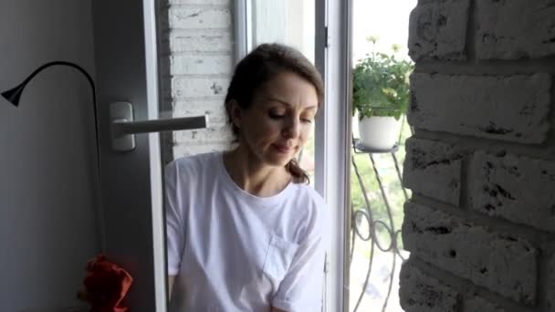 Retrato de jovem está limpando a janela da porta para a varanda. — Vídeo de Stock