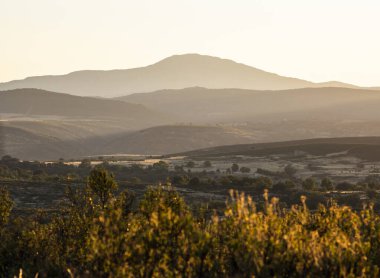 Ocejon Dağı 'ndaki manzara manzarası, Sierra Norte de Guadalajara, Castilla la la Mancha, İspanya, kırsal alanlar ve bitki örtüsüyle altın saat