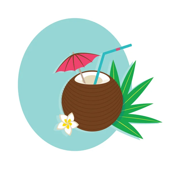 Kokoscocktail mit Blüten, Regenschirm und Palmblättern. — Stockvektor