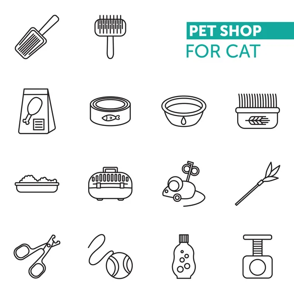 Evde beslenen hayvan dükkan fot kedi vektör ince çizgi Icons set