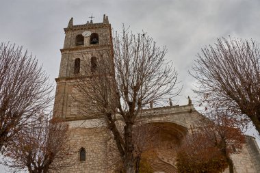 Duenas, Palencia 'daki Santa Maria de la Asuncion Kilisesi' nin çan kulesi bulutlu bir kış gökyüzü altında geleneksel evlerden oluşan bir kümenin üzerine yükselir. Romen ve Gotik bir kilisenin tepesine Herreryen tarzında inşa edilmiş taş kule.