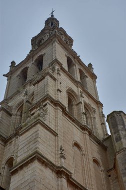 Santa Maria de Mediavilla Kilisesi 'nin Barok kulesi, süslü seviyeleri, dekoratif sütunları ve çapraz şekilli tacı ile seçilmiş Medina de Rioseco kasabasının üzerinde zarif bir şekilde yükselir. 18. yüzyılda yeniden inşa edilmiş, oyulmuş taş. 