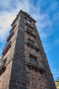 La Laguna Katedrali 'nin heybetli taş ve kireç cephesi birkaç Kanarya Adası ejderha ağacının geometrik gölgelerinin arasında görkemli bir şekilde yükselir..