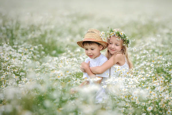 Boy with girl in flower field — Stock Photo, Image