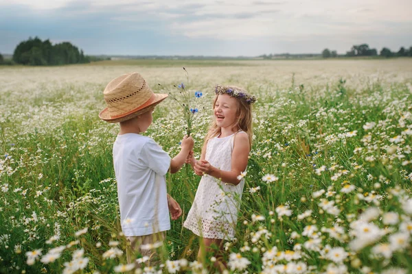 Garçon avec fille dans le champ de fleurs — Photo