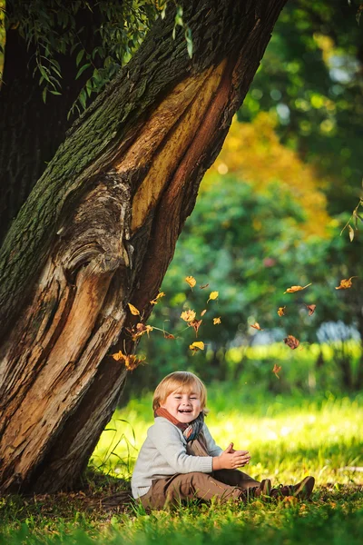 Ragazzino che gioca vicino all'albero — Foto Stock