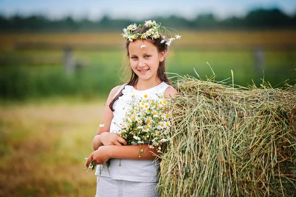 Dziewczyna, zrywanie kwiatów dzikiego stokrotka w dziedzinie — Zdjęcie stockowe