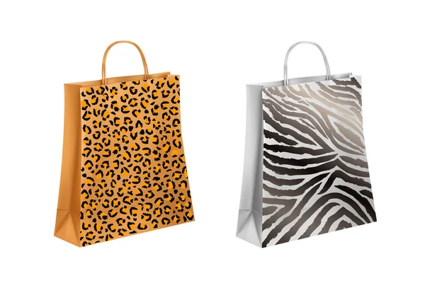 Colección Bolsas Papel Realistas Con Estampados Cebra Leopardo — Archivo Imágenes Vectoriales