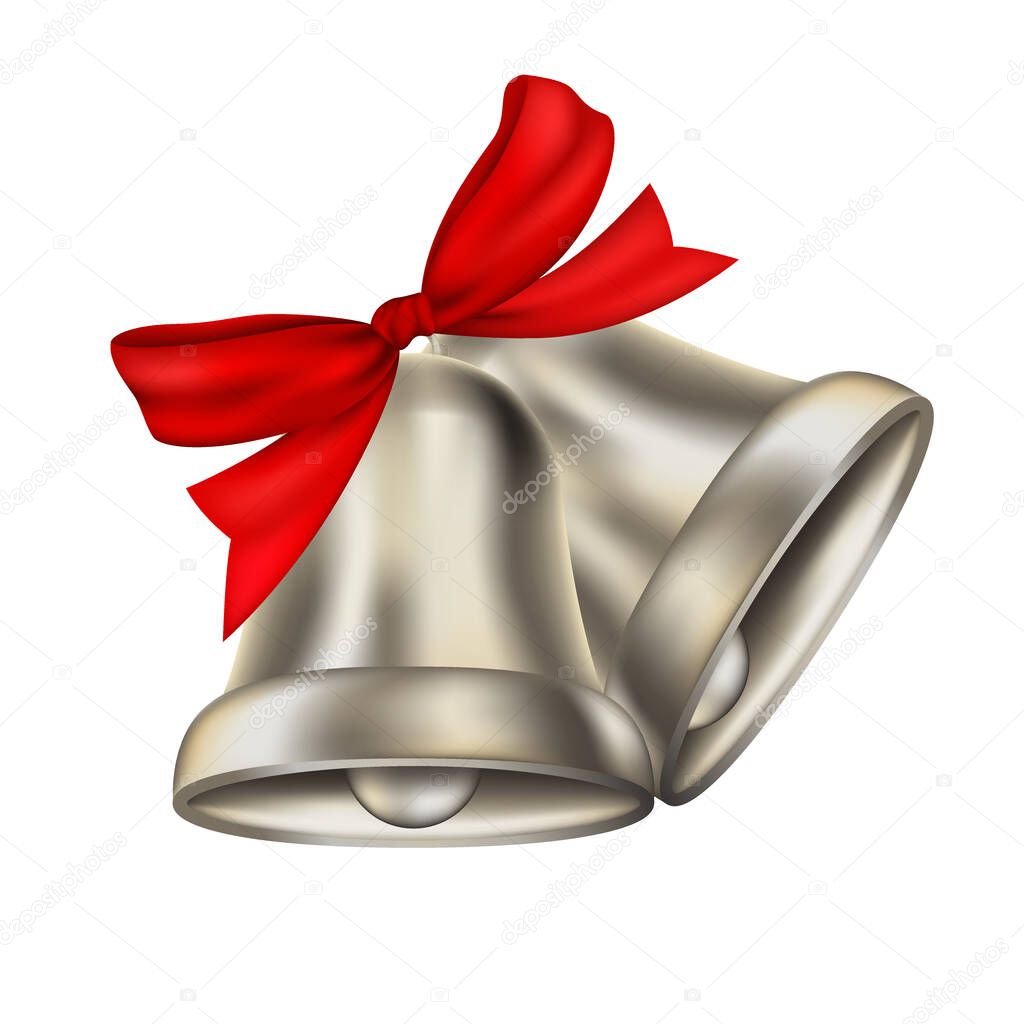 Two realistic silver bells with red ribbon isolated on transparent background