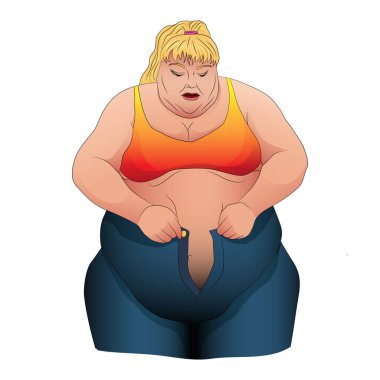 Kotun fermuarını kapatmaya çalışan obezite hastası bir kız.