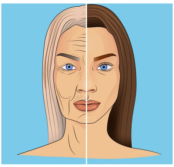 Ilustração Rosto Mulher Velha Jovem Fundo Azul Com Linha Branca Gráficos De Vetores