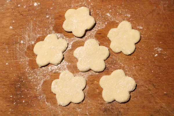 Six Flowers Made Pastry Wooden Surface — Stock Photo, Image