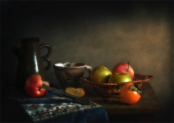 still life with apples and persimmon. Vintage.