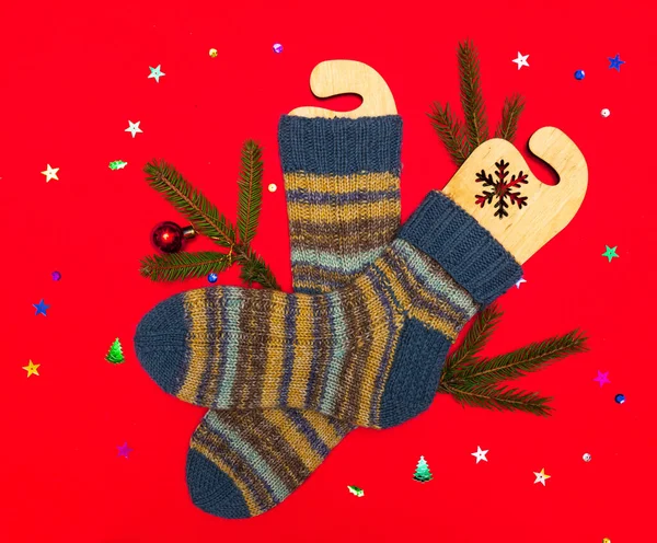 Knitted Socks Xmas Greeting Card Banner Christmas New Year Holiday — Stock Photo, Image