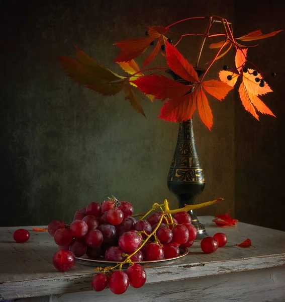 Nature Morte Avec Tas Raisins Mûrs Une Cruche Vintage — Photo