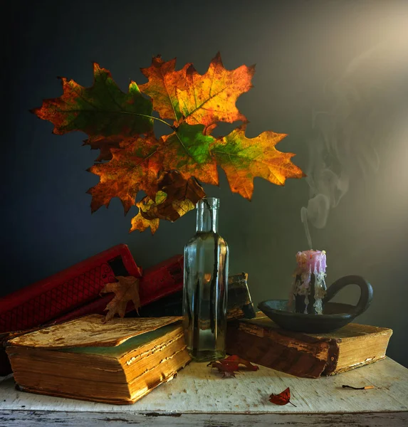 Still Life Autumn Leaves Extinguished Candles Books Vintage — Stock Photo, Image