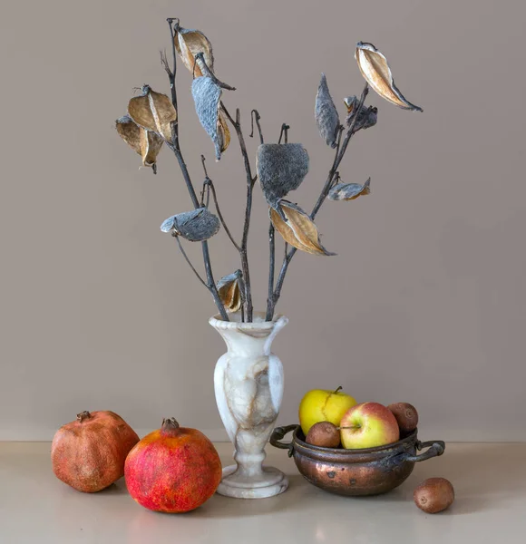 Still Life Ripe Fruits Dried Branches Vintage — Stock Photo, Image