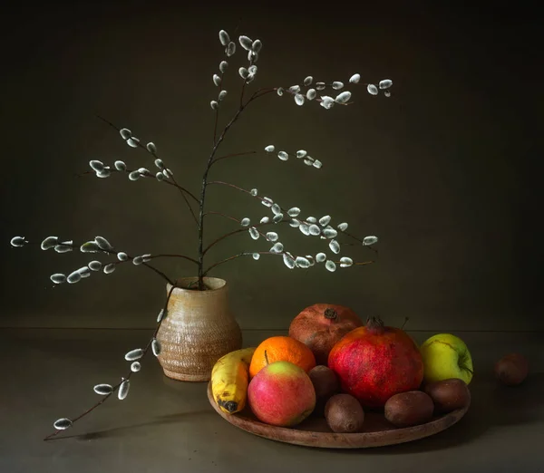 Still Life Fruits Branches Spring Willow Vintage — Stock Photo, Image