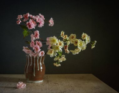 Çiçek açan sakura dallarıyla sakin bir hayat. Eski model. Retro.