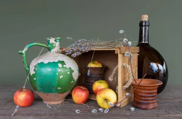 Nature Morte Avec Une Vieille Cruche Céramique Avec Peinture Pelante — Photo