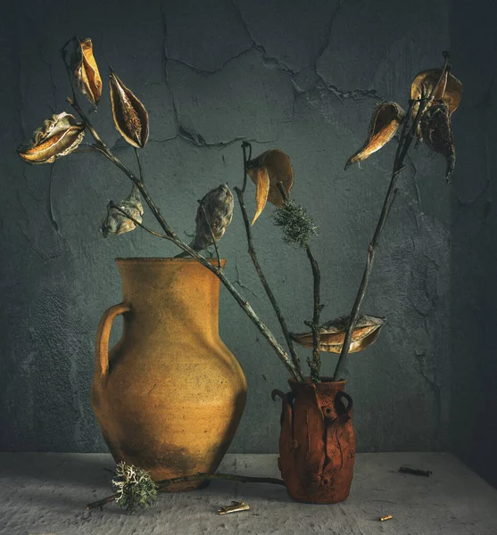 Velho Jarro Cerâmica Pequeno Vaso Com Ramos Secos Mesa Vintage — Fotografia de Stock